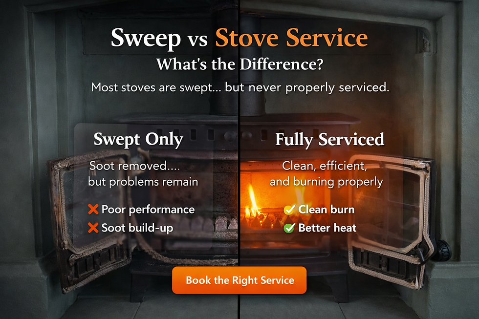 Close-up view of a wood burning stove being serviced with tools