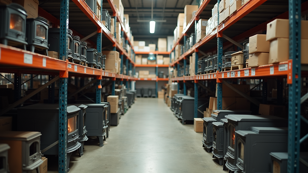 High angle view of a well-stocked hardware store with fireplace components