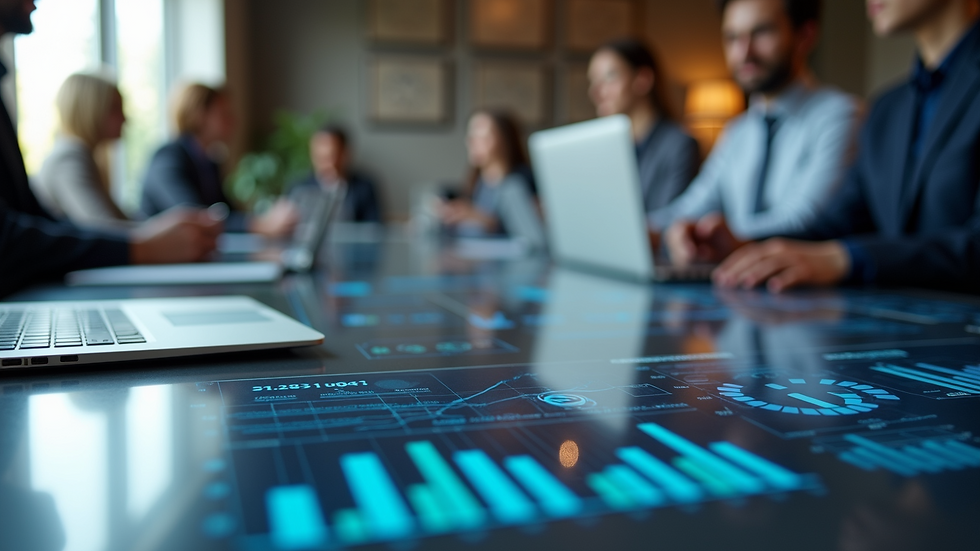 High angle view of a business meeting with laptops and digital charts on the table