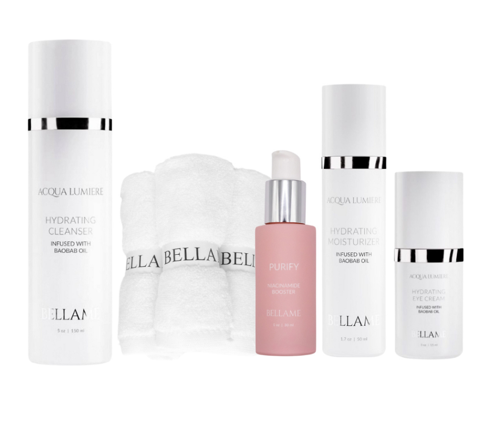 Eye-level view of a beauty shelf with various skincare products