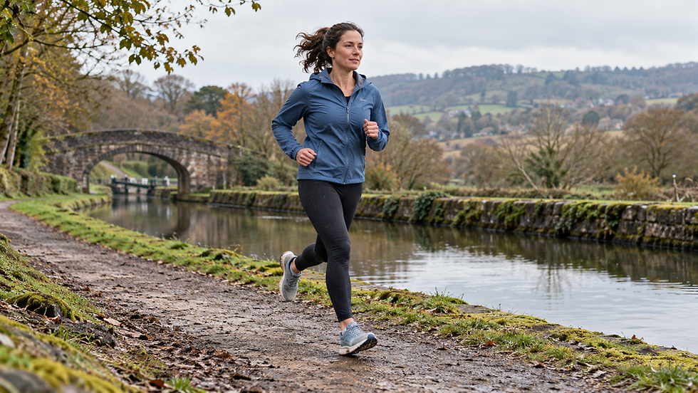 Woman running along a canal towpath, with a stone bridge and trees in the background.