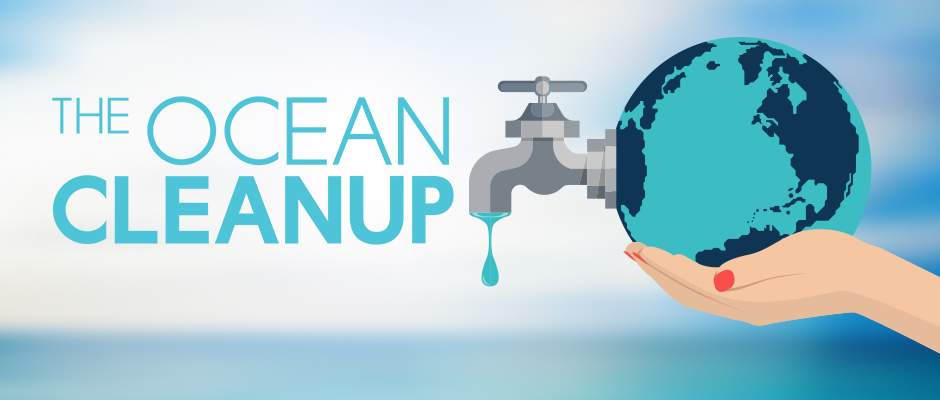 The Ocean Cleanup foundation logo next to an image of the world