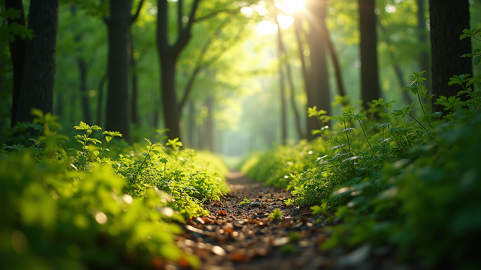 Eye-level view of a lush green forest with sunlight filtering through the trees