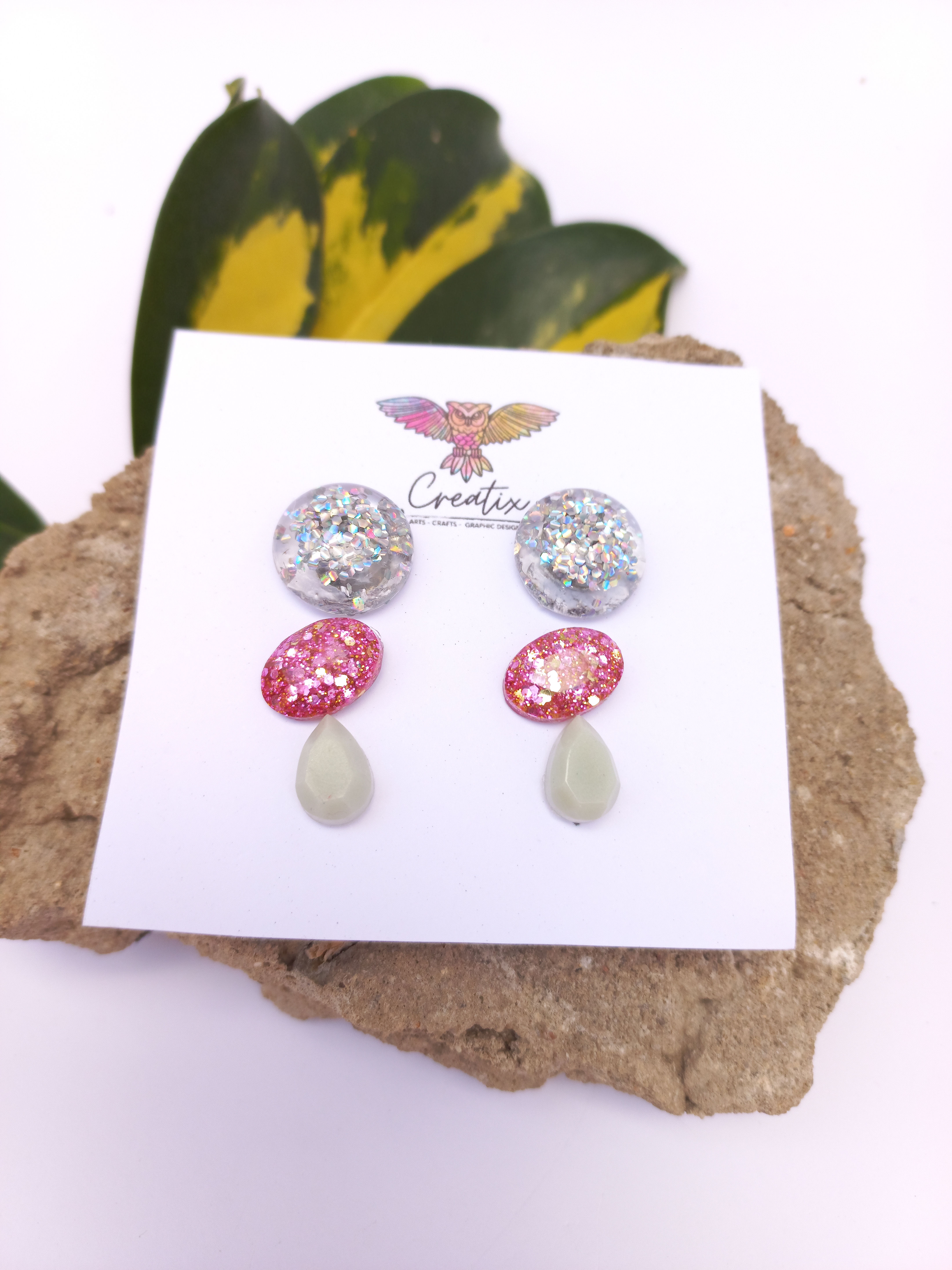 Resin Earrings (studs) 3 set (silver, pink and grey)