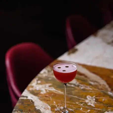 Campari fraise cocktail with strawberry, thai basil, citrus, campari for Armorica Surry Hills by Charlotte Belvisotti.