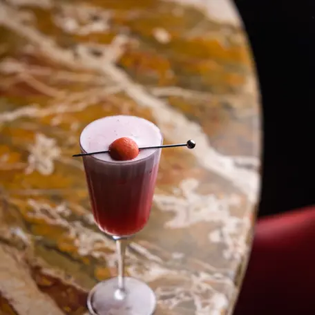 Tagada Cocktail at Armorica, with Rhubarb, tonka bean, citrus, and whites cocktail with Pisco in Sydney.