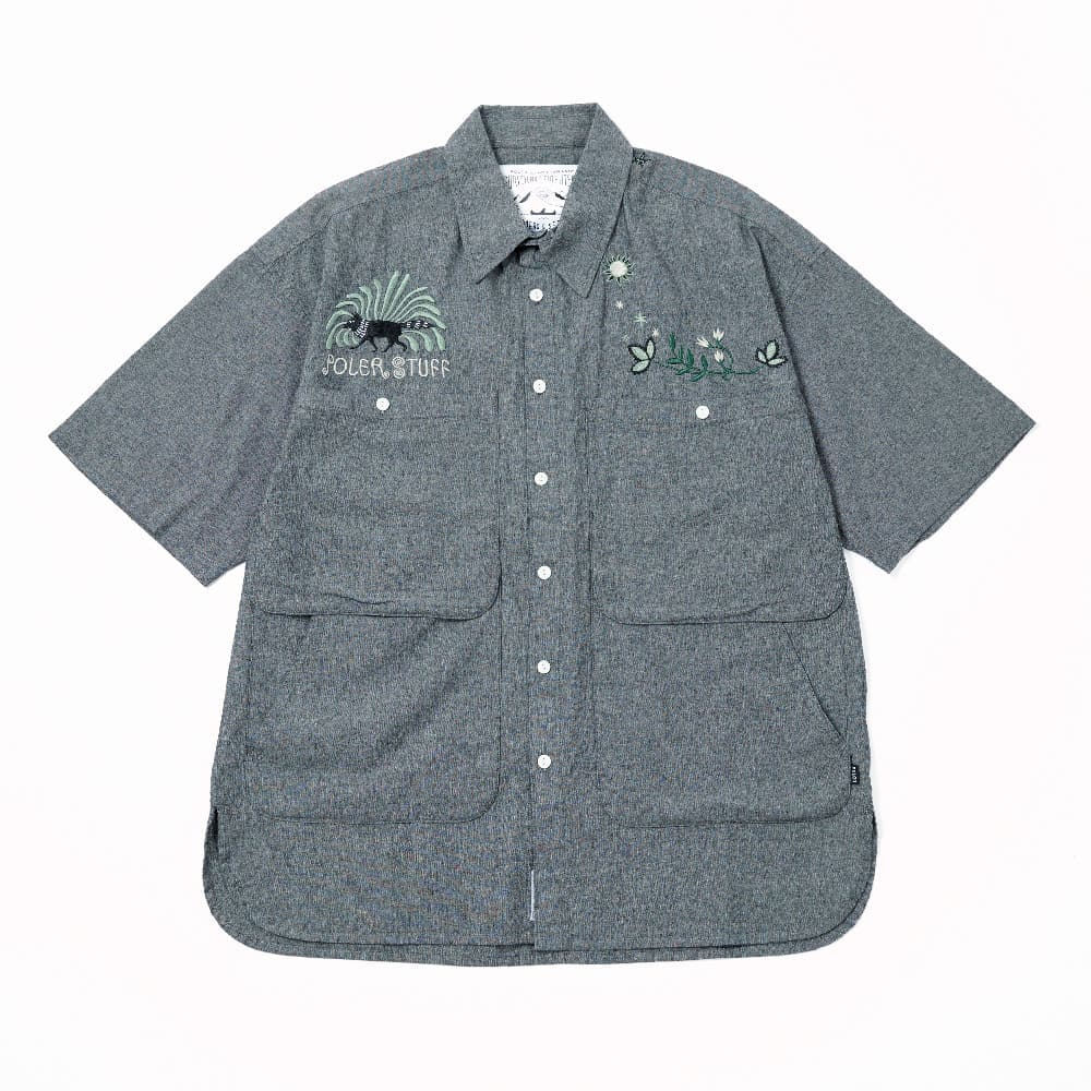 日本限定 EMB Pocket Chambray S/S Shirts 刺繡口袋丹寧感短袖襯衫 / 黑