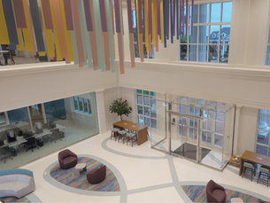 Colorful dental school lobby design