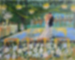 A couple dances under chandeliers at an outdoor wedding, surrounded by flowers and candles. A child stands nearby, with a serene setting.