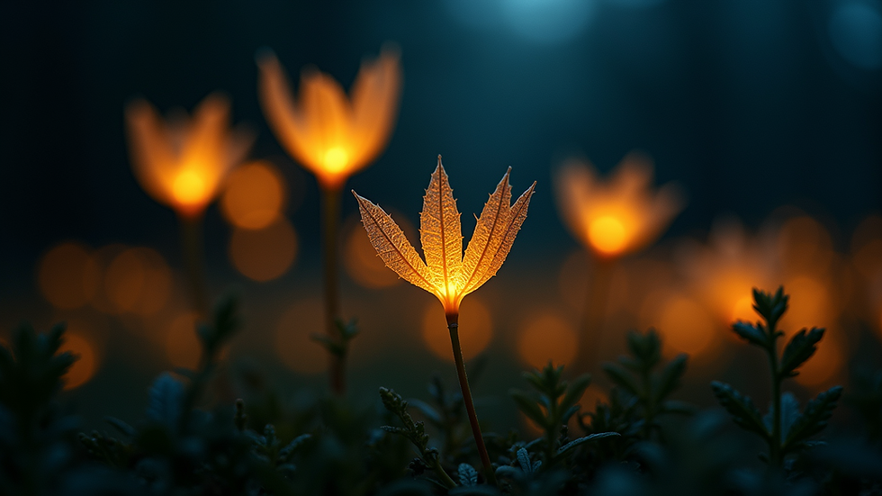 Close-up view of bioluminescent flora illuminating the corridor