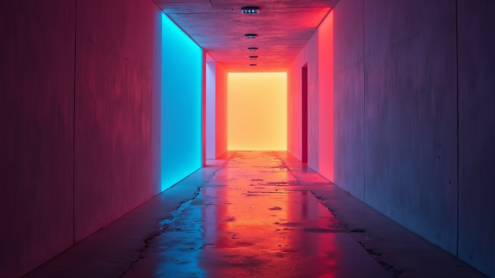 Eye-level view of the Teal-Violet Shift illuminating the corridor