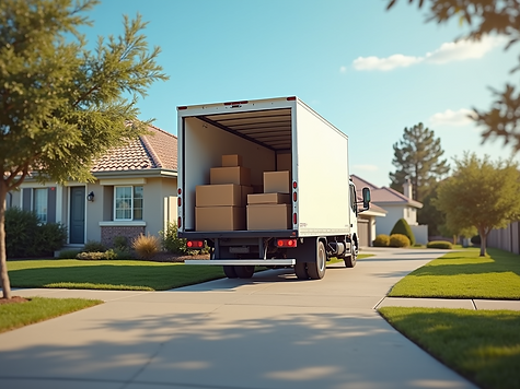 Moving-truck-loaded-with-boxes-and-furniture-parked-outside-a-house-on-a-sunny-day-with-bl
