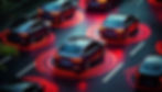 Firefly top view black cars on road, raining day, red hologram collision system, long time