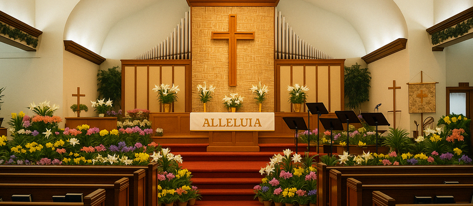 An image of a church interior, facing the alter. There is an enormous amount of flowers present on the steps, stage and alter. It looks like Easter!