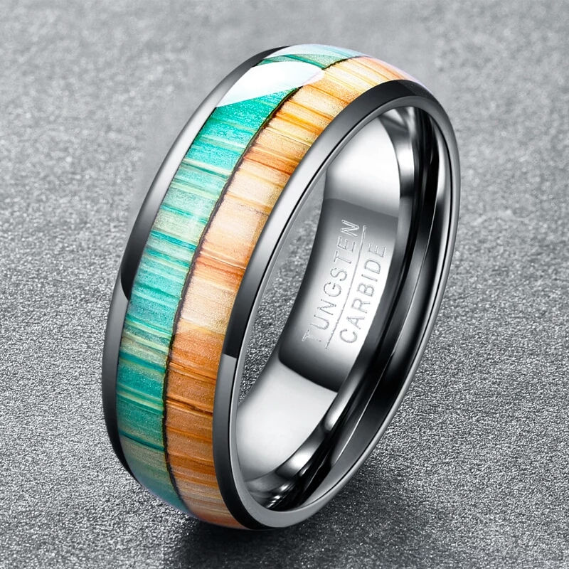 Thumbnail: Polished Inlay Orange Green Colors Wooden Grain Dome Mens Ring