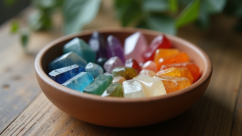 Close-up view of a bowl with colorful healing crystals arranged in a circle