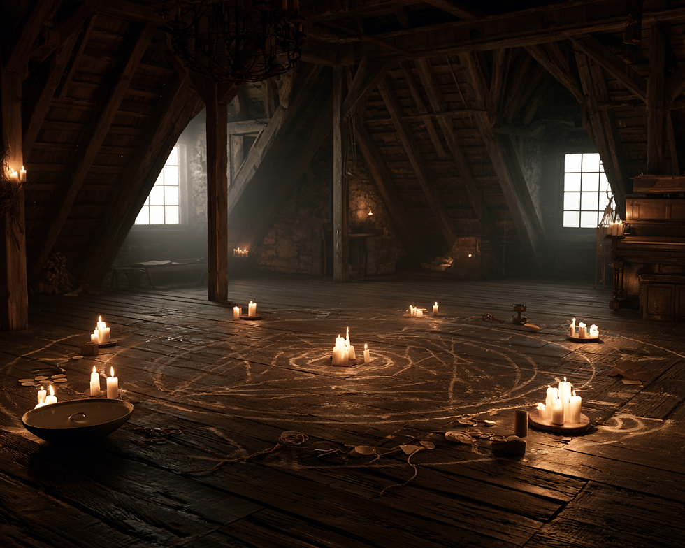 Dim attic with candles around a chalk circle on wooden floor, dusty windows and beams, eerie ritual mood