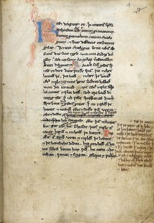 Aged parchment manuscript page with handwritten black text and blue-red decorated initials, showing faded brown margins.