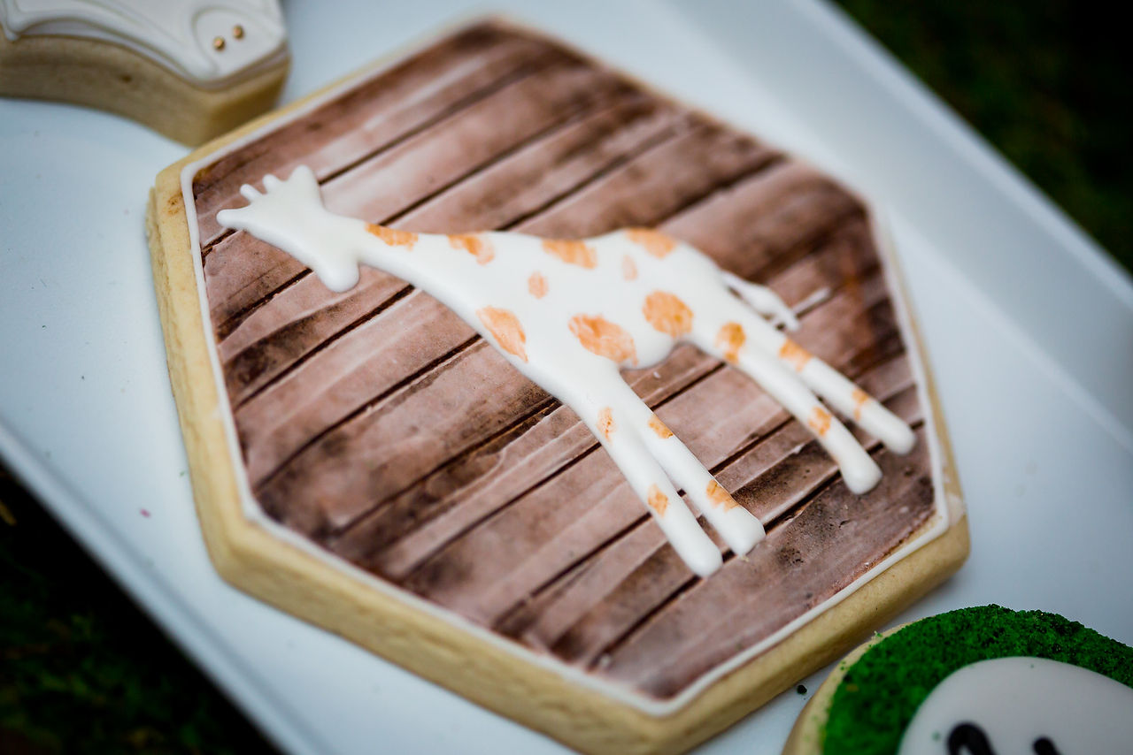 jungle themed giraffe cookie for wild one birthday party