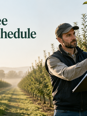 Farmer inspects an apple tree with a clipboard in a sunny orchard; spray tank nearby. Text: Fruit Tree Spray Schedule, A Practical Guide