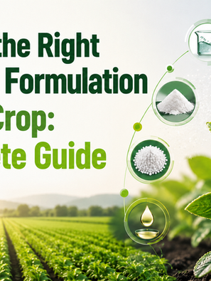 Infographic with spray bottle on crops and green leaves; text reads Choosing the Right Pesticide Formulation for Your Crop.