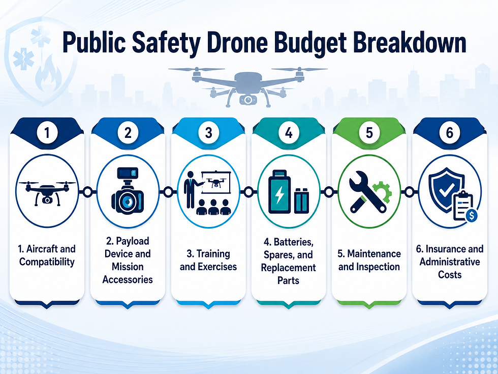 Infographic titled Public Safety Drone Budget Breakdown showing six numbered drone cost categories with blue-green icons and labels.
