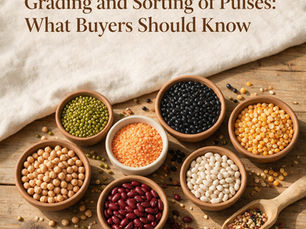 Text about grading and sorting pulses above bowls of colorful beans and lentils on a rustic wooden table