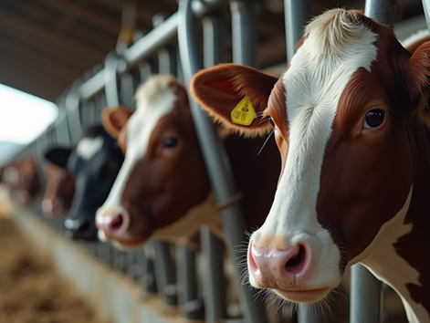 Eye-level view of automated milking machine in a dairy barn