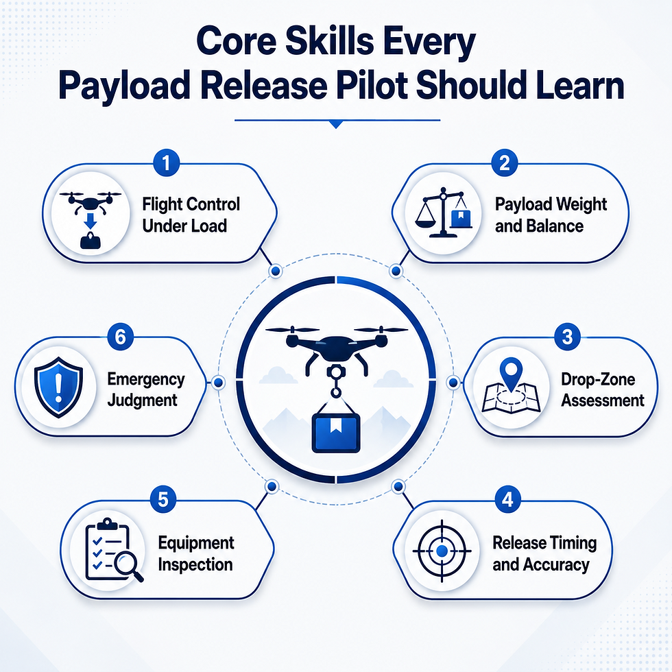 Infographic titled Core Skills Every Payload Release Pilot Should Learn, showing a drone carrying a payload and six skills.