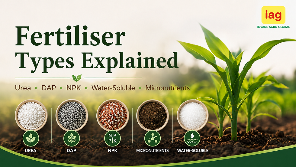 Infographic titled Fertiliser Types Explained with a crop and labeled samples: Urea, DAP, NPK, Micronutrients, Water-Soluble