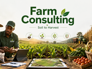 Farm Consulting banner with two farmers examining soil samples at a table, crops and produce in a field, text Soil to Harvest