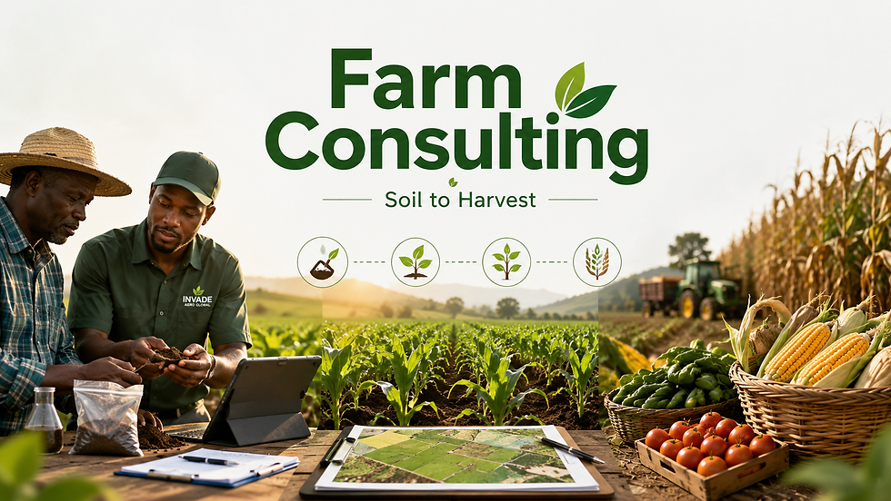 Farm Consulting banner with two farmers examining soil samples at a table, crops and produce in a field, text Soil to Harvest