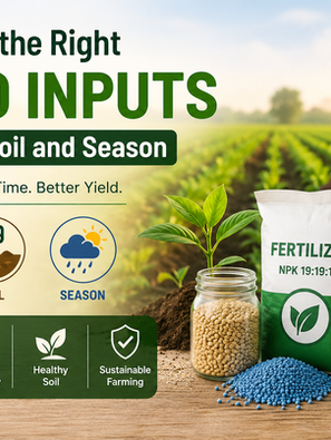 Farmer in field with plants, fertilizer, and bio-stimulant bottles. Text: Choosing the Right Agro Inputs. Icons: Crop, Soil, Season.