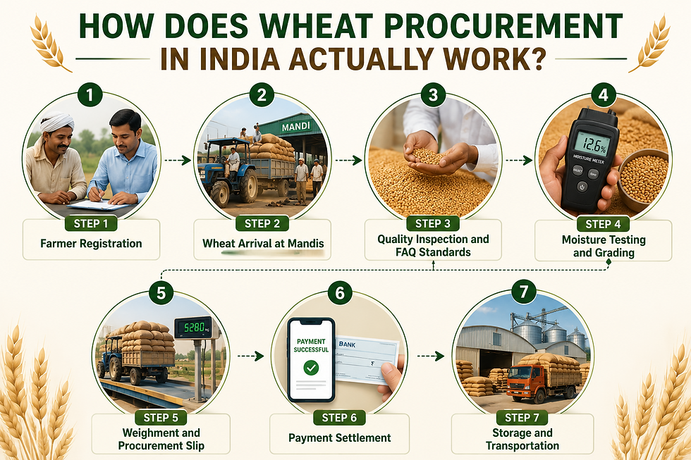 Infographic on India's wheat procurement process: 7 steps from farmer registration to storage, featuring tractors, grain samples, and digital payments.