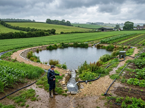Man with notebook stands by a pond in a lush green farm under cloudy skies. Irrigation pipes run through neatly planted fields.