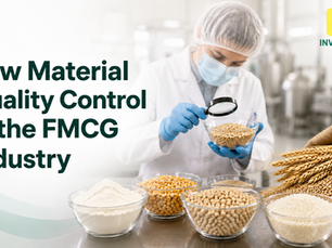 Lab technician in hairnet and mask inspects grains with magnifying glass beside bowls of beans; text reads Raw Material Quality Control