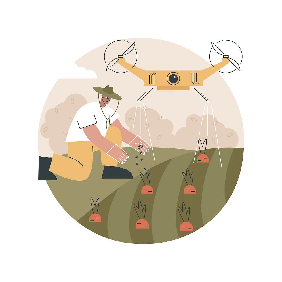 A farmer in a hat kneels planting seeds in a carrot field. A yellow drone hovers above. Calm mood with soft earthy tones.