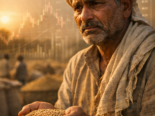 A man in traditional attire holds wheat in his hands at sunset. Graphs overlay the scene, suggesting a blend of agriculture and finance.