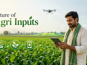 Man in a green scarf uses a tablet in a lush crop field as a drone hovers above; text reads Future of Agri Inputs.