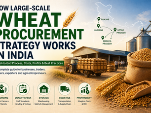 Infographic on wheat procurement in India, showing a tractor with wheat bags, silos, and a map with Punjab, Haryana, UP, and MP. Text describes process steps.