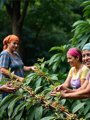 Women with colorful headscarves happily pick coffee cherries in a lush green plantation. Lively mood, abundant greenery, teamwork evident.