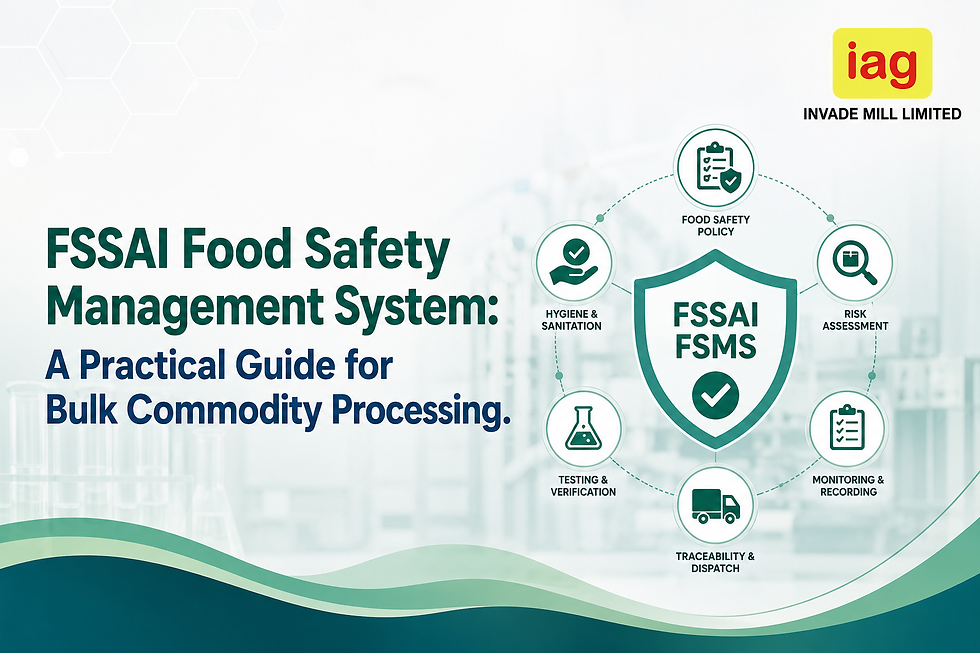 FSSAI Food Safety Management System poster with shield icons, Invade Mill Limited logo, and text on hygiene, testing, monitoring.