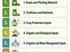 Chart of agricultural inputs: seeds, fertilizers, crop protection, organic inputs, irrigation, machinery, advisory resources. Green icons, seven rows.