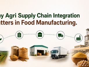 Infographic on agri supply chain integration, with tractor, grain sacks, warehouse, truck and food factory