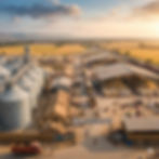 Agricultural depot with silos and warehouses, trucks loaded with goods, people moving around. "National Agricultural Storage & Logistics - India" sign.