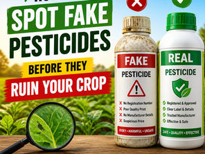 Poster warning how to spot fake pesticides before they ruin crops, showing fake and real bottles, magnifying glass, and checklist icons.