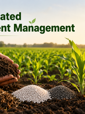 Integrated Nutrient Management poster with hands holding soil, corn seedlings, fertilizer piles, and iag logo over a sunrise field.