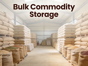 Bulk Commodity Storage text over a bright warehouse aisle lined with stacked burlap sacks of grain and beans on pallets