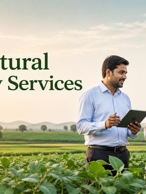 Three men discuss a tablet in a green farm field at sunset; text reads B2B Agricultural Advisory Services for FPOs
