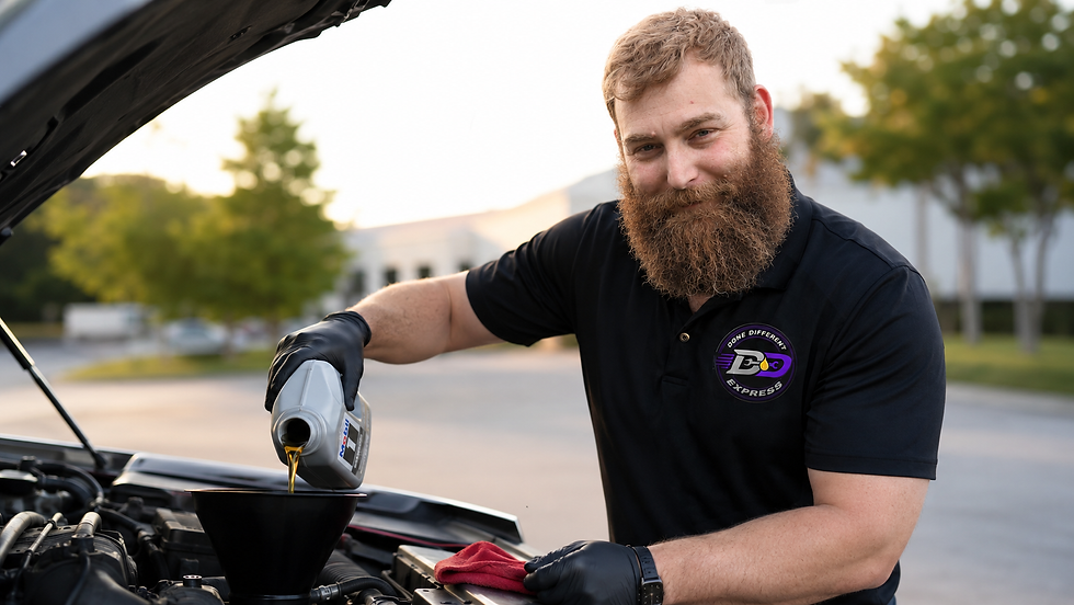 Mechanic pouring oil with Done Different Express logo.